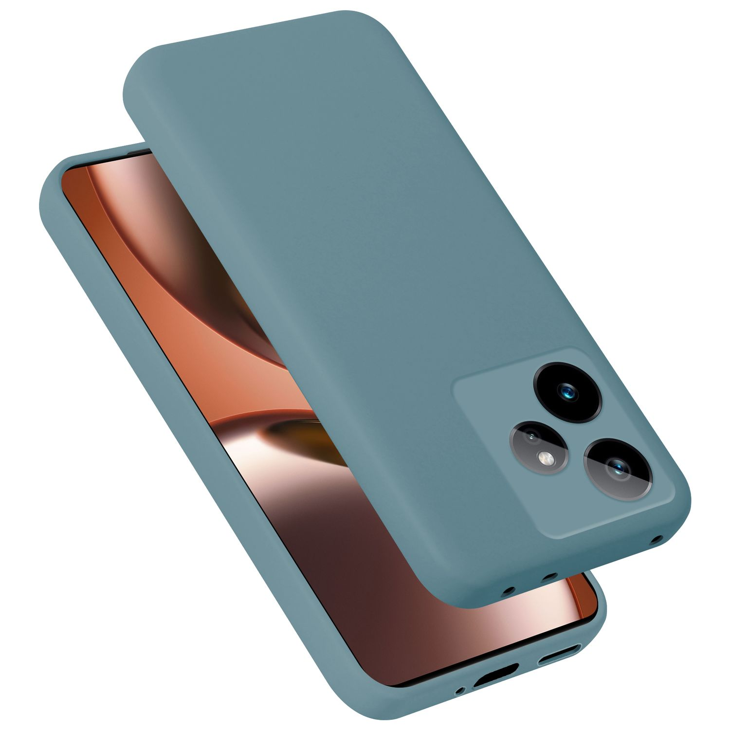 Ein blauer Handyhülle über einem Handy mit drei Kameras.