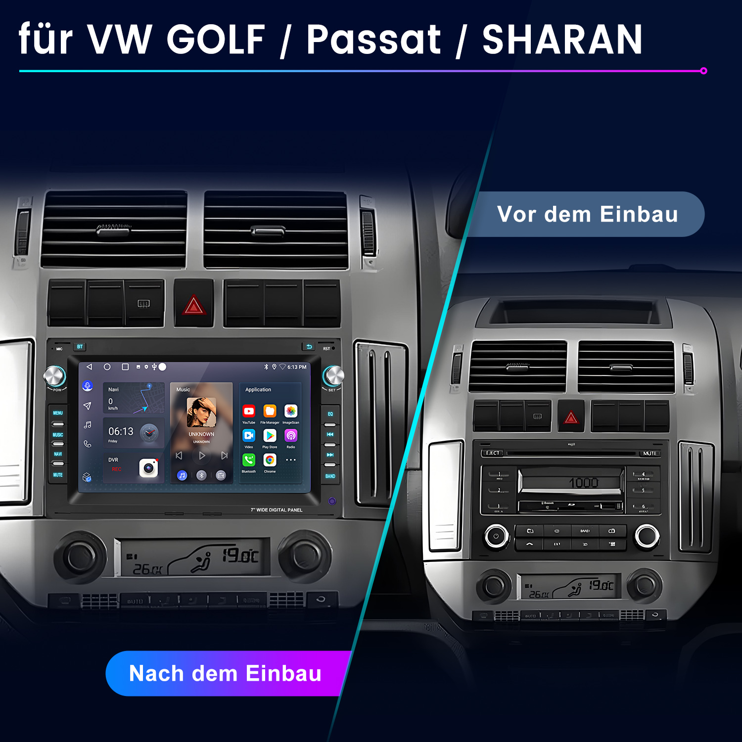 Vorher/Nachher-Vergleich eines Autoradios für VW Golf, Passat, Sharan.