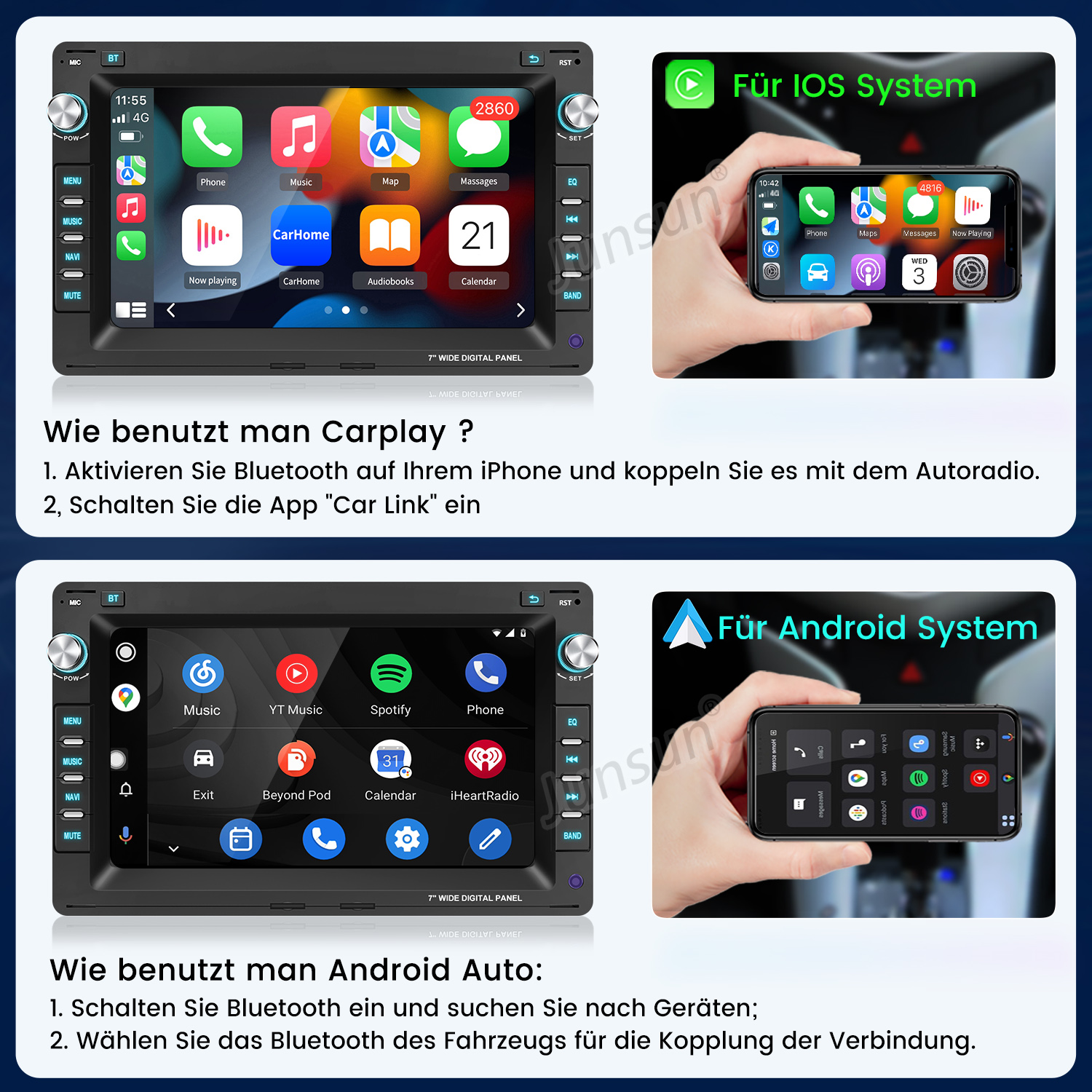 Das Bild zeigt ein Autoradio mit Carplay und Android Auto. Es gibt Anleitungen.