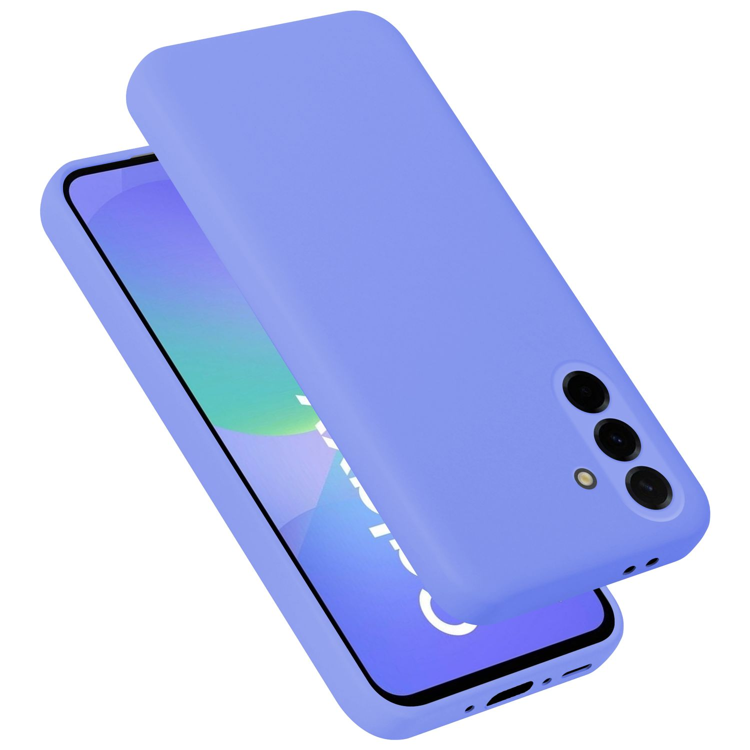 Ein lilafarbener Handyakku liegt über einem Smartphone mit lilafarbenem Rand.
