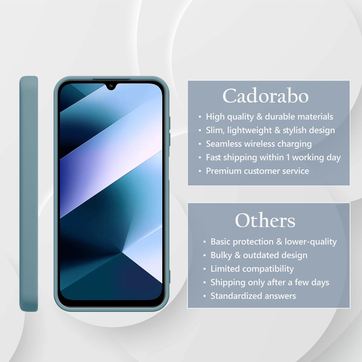 Ein blaues Handy mit einem blauen Kasten und Text daneben.