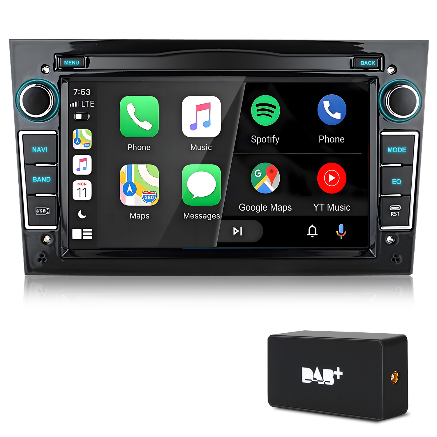Ein Autoradio mit Touchscreen zeigt Apps an. Ein DAB+ Empfänger liegt daneben.
