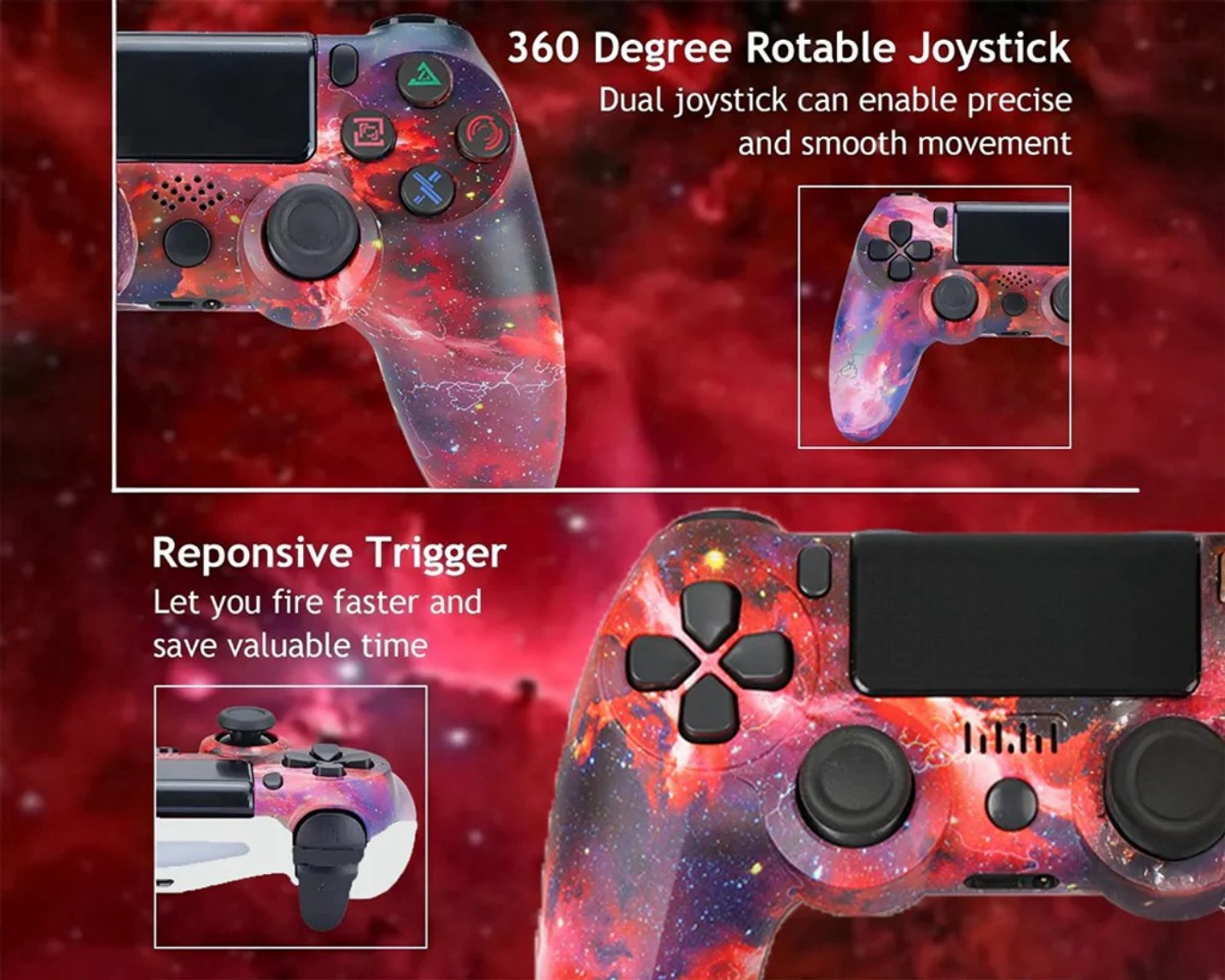 Ein Gaming-Controller mit Weltraum-Design, der 360-Grad-Joysticks und reaktionsschnelle Trigger anzeigt.