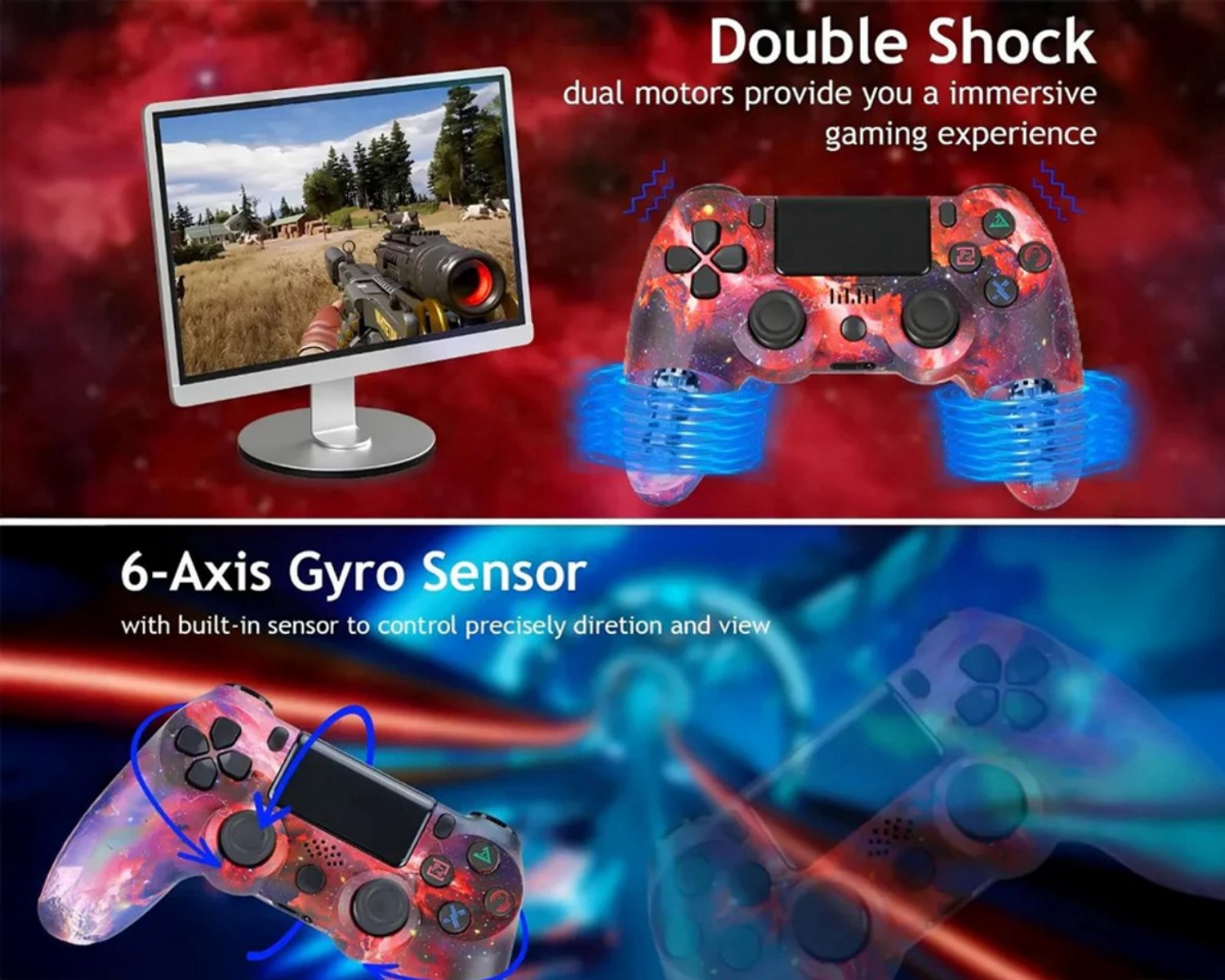 Ein Gaming-Controller mit Sternenmuster und ein Monitor mit einem Spiel.