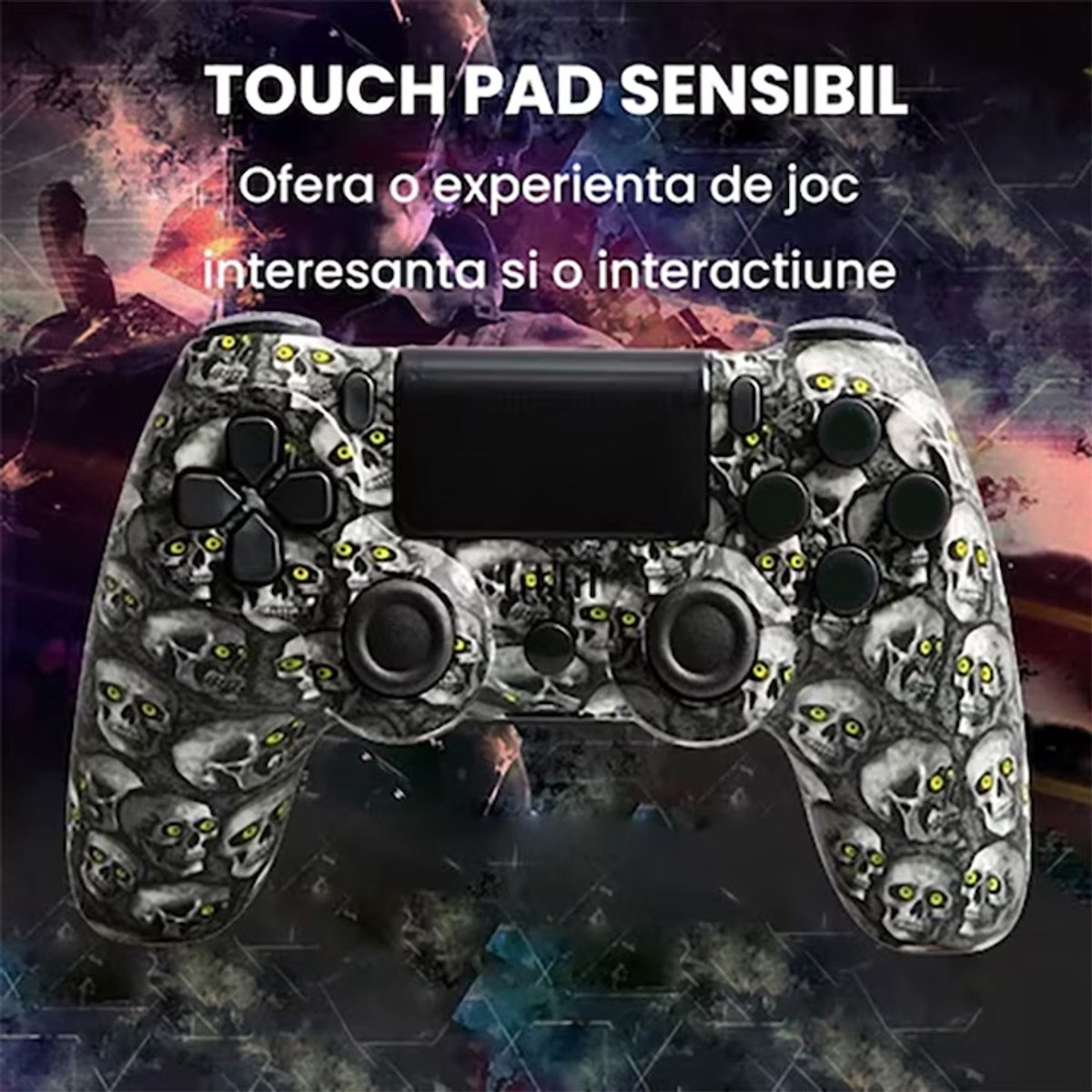 Ein Controller mit Totenkopf-Muster und dem Text "TOUCH PAD SENSIBIL".