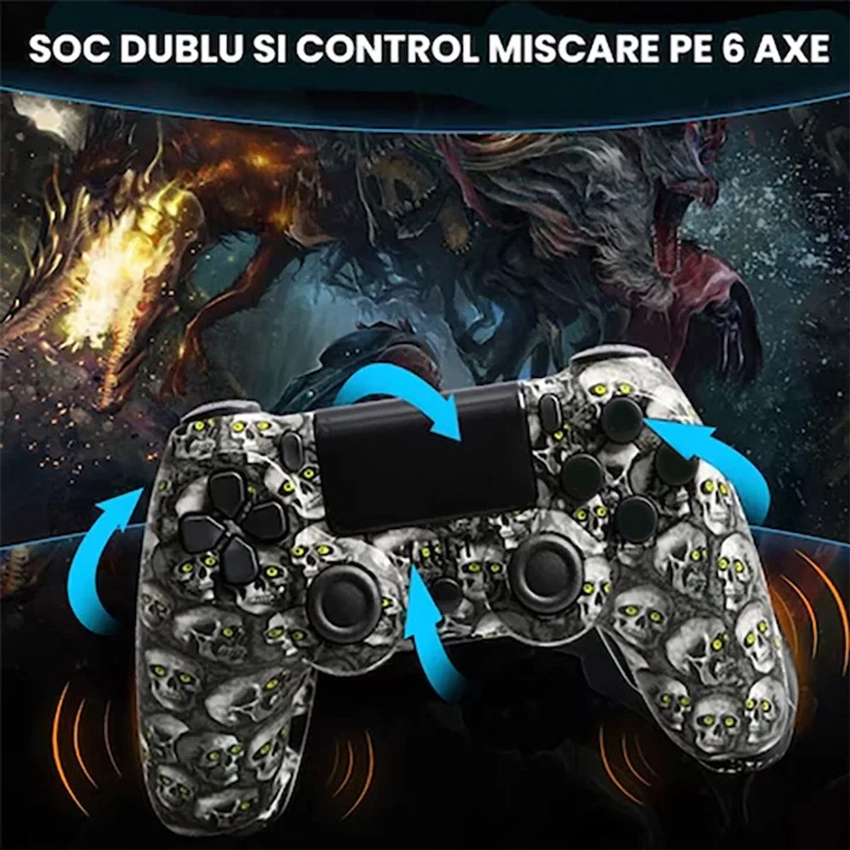 Ein Controller mit Totenkopfmuster und blauen Pfeilen, die Bewegung anzeigen.