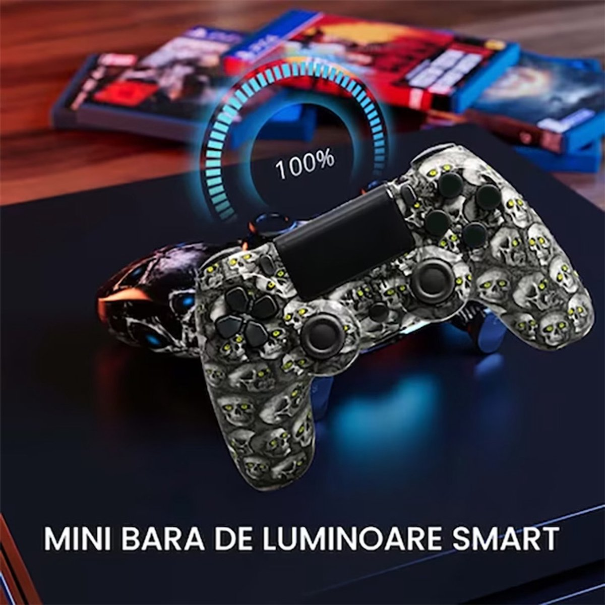 Ein Controller mit Totenkopfmuster, Spiele und eine Ladeanzeige bei 100 %.