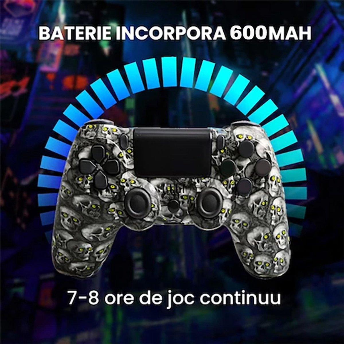Ein Controller mit Schädeldruck, blauem Lichtbogen und Text.