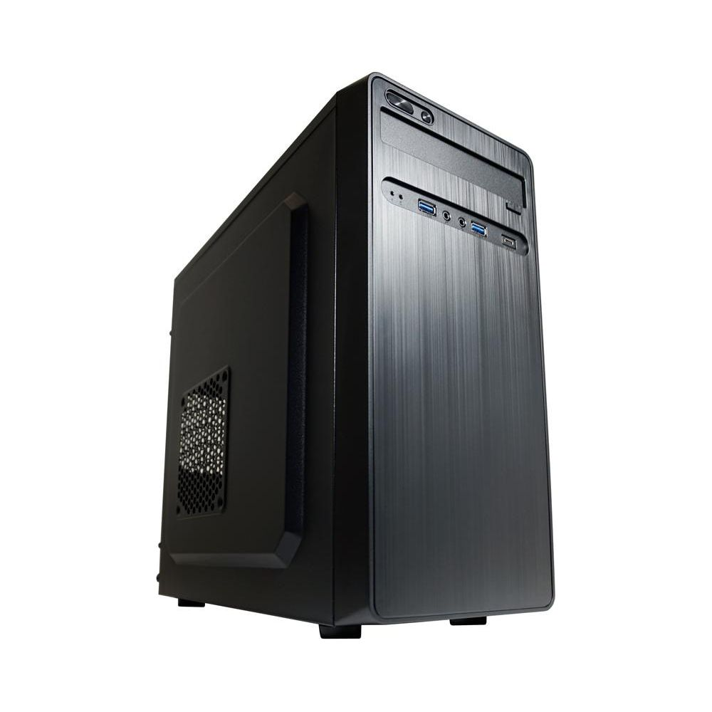 Case del computer nero con pannello frontale in metallo spazzolato e prese d'aria.