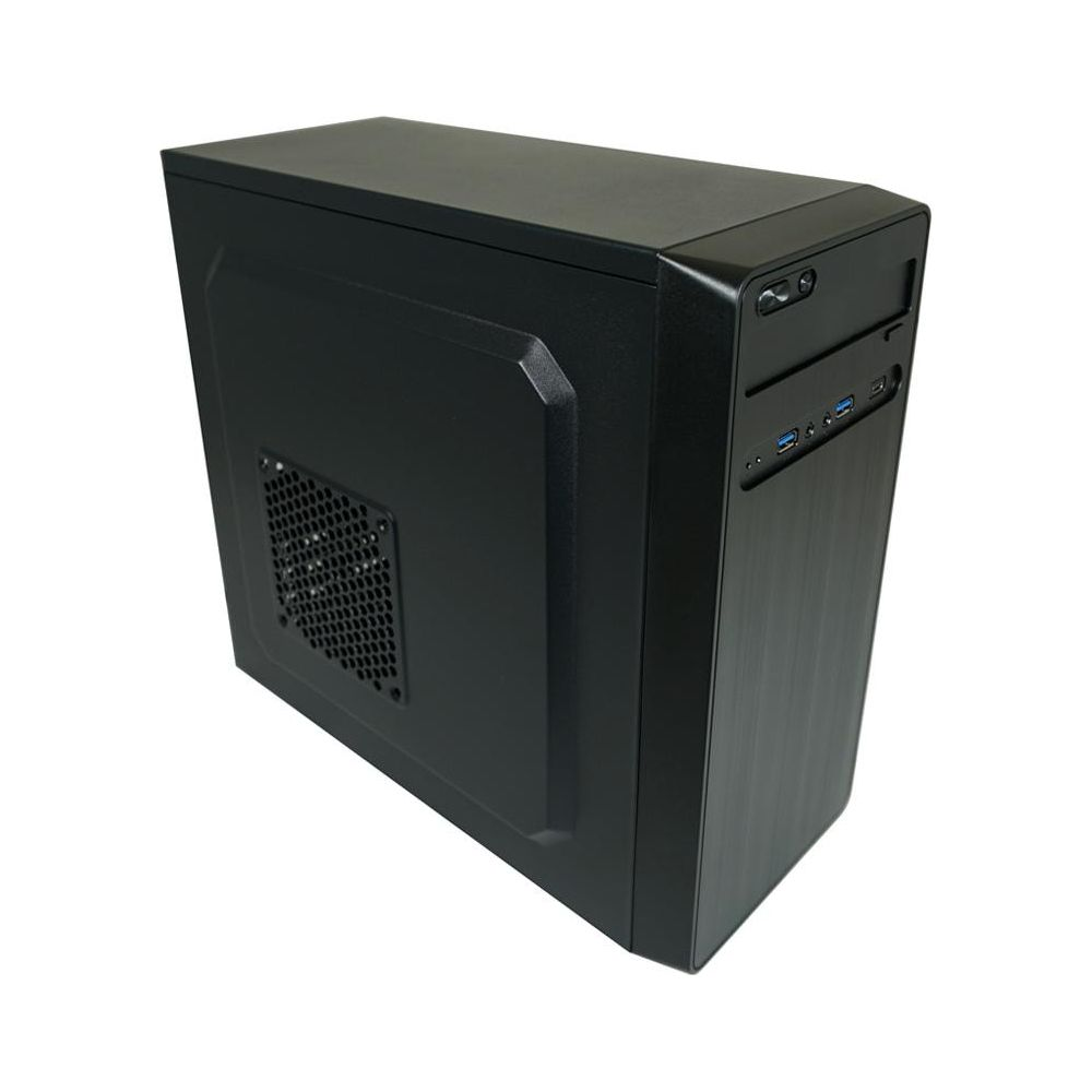Case del computer nero con griglia di ventilazione e porte USB anteriori.