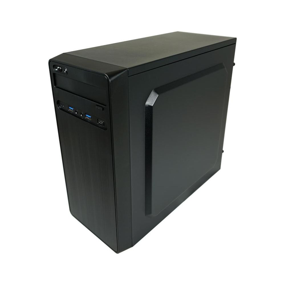 Case per computer nero con porte USB e bay per unità sul davanti.