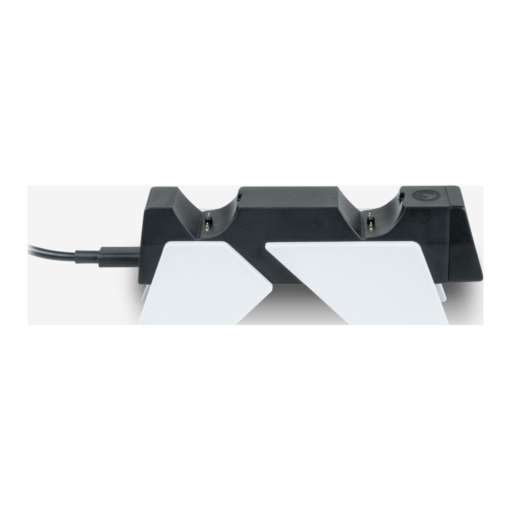 Ein schwarzes Ladegerät mit zwei weißen Ständern, mit einem Kabel verbunden.