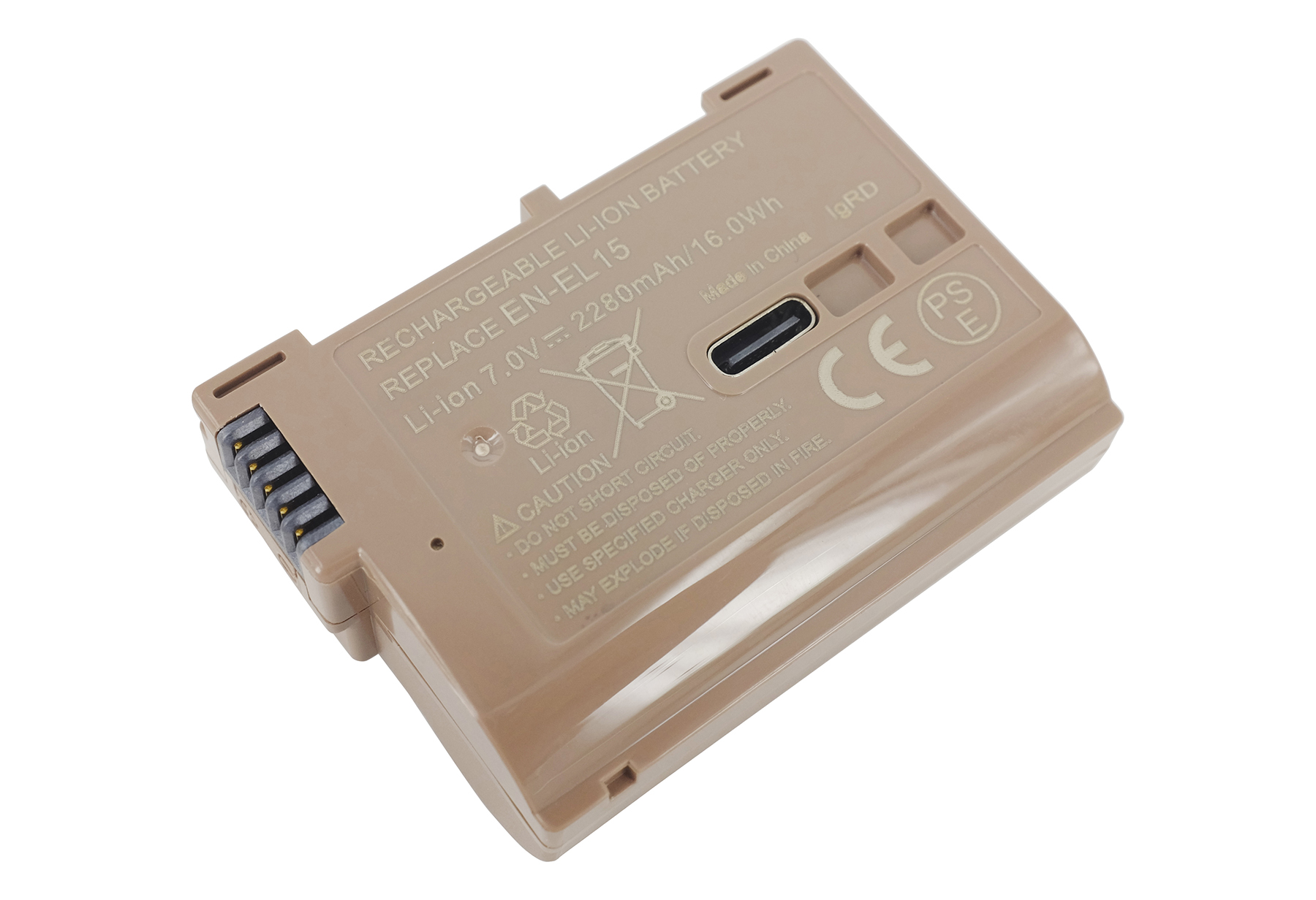 Ein brauner Lithium-Ionen-Akku für Kameras mit Anschlüssen und Warnhinweisen.