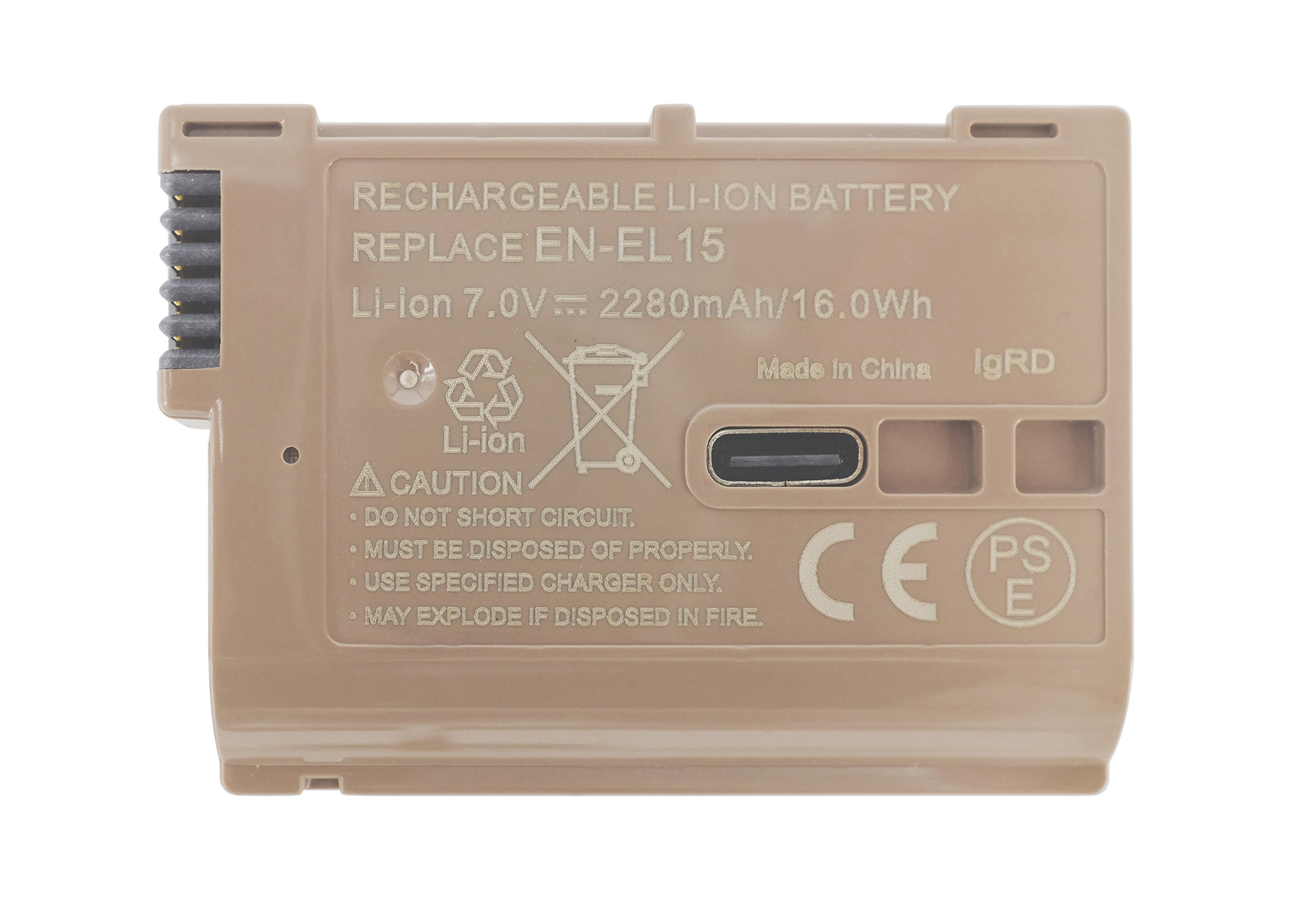 Brauner Li-Ion Akku EN-EL15 mit USB-C, CE und PS E Siegeln.