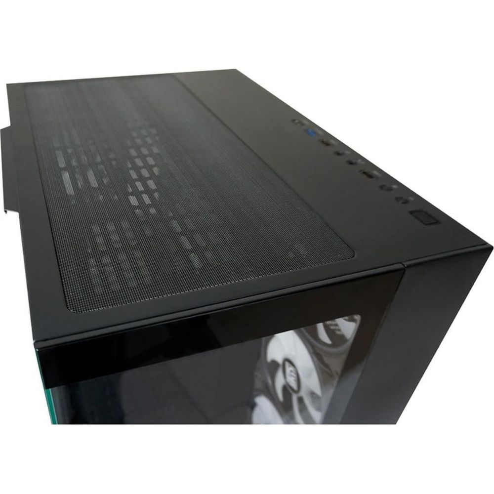 Schwarzes Computergehäuse mit Lüftern und Glasfenster.