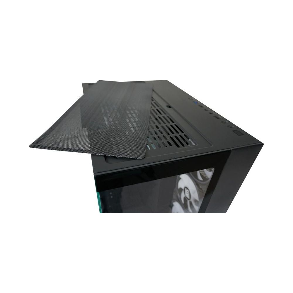 Ein schwarzes Computergehäuse mit durchsichtigem Seitenfenster und Lüftern.