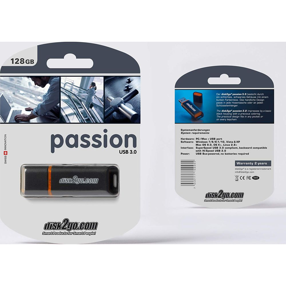 Clé USB 3.0 de 128 Go dans son emballage avec informations produit.