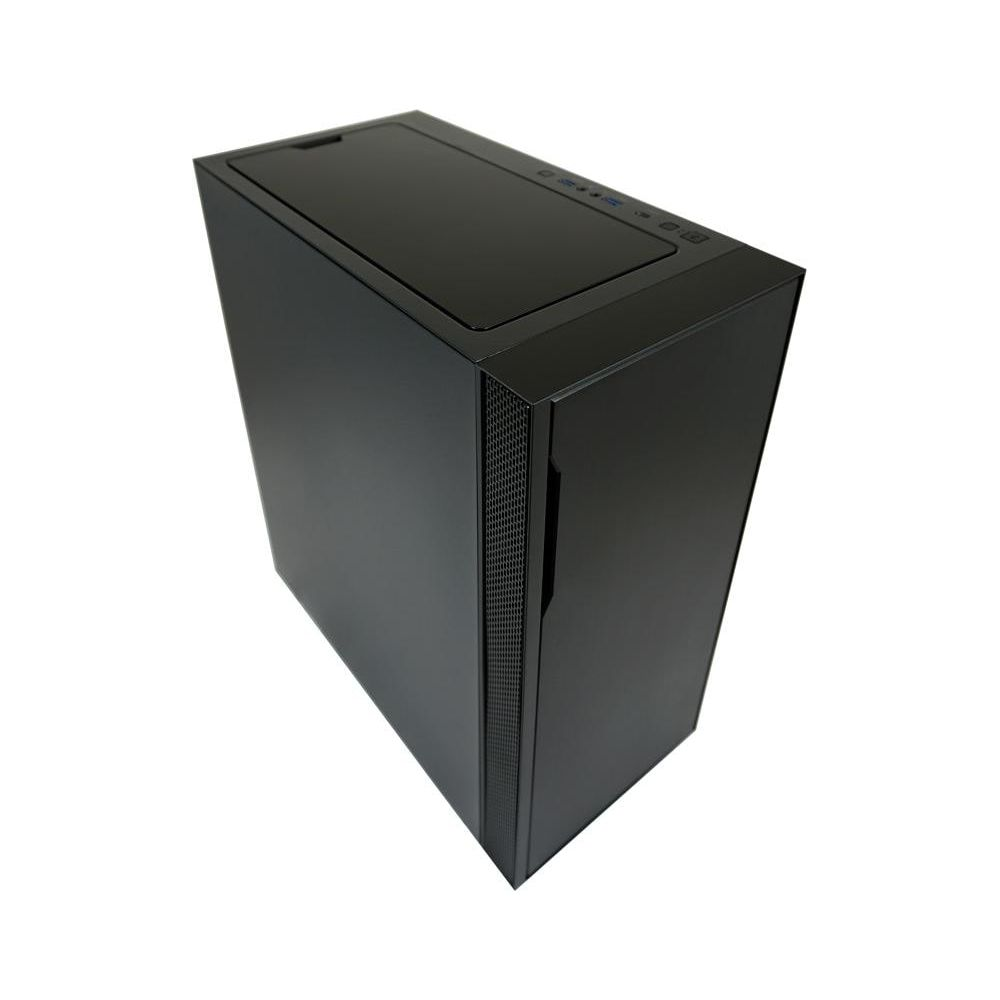 Schwarzes Computergehäuse mit grauer Oberseite und Lufteinlass an der Seite.