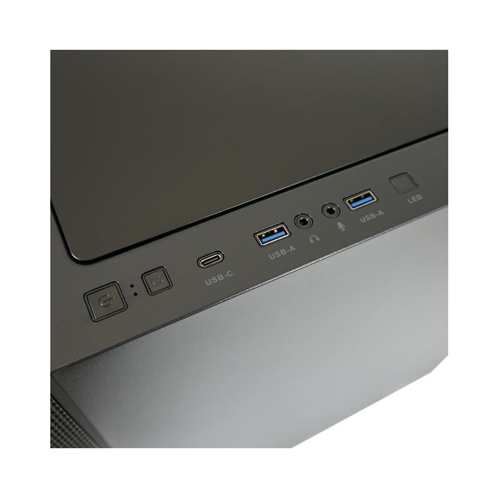 Ein PC-Gehäuse-Panel mit USB-C, USB-A, Kopfhörer- und Mikrofonanschlüssen.