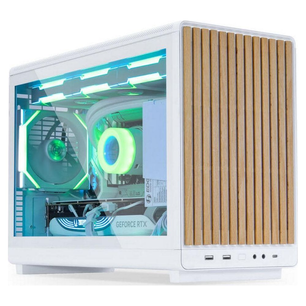Un case PC bianco con pannelli in legno e ventole illuminate.