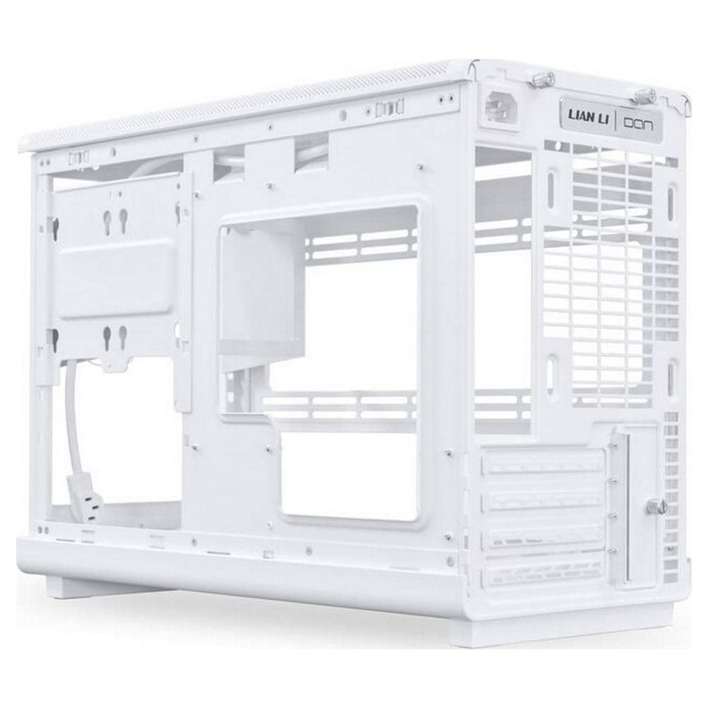 Un case bianco per computer senza pannelli laterali, con vani aperti.