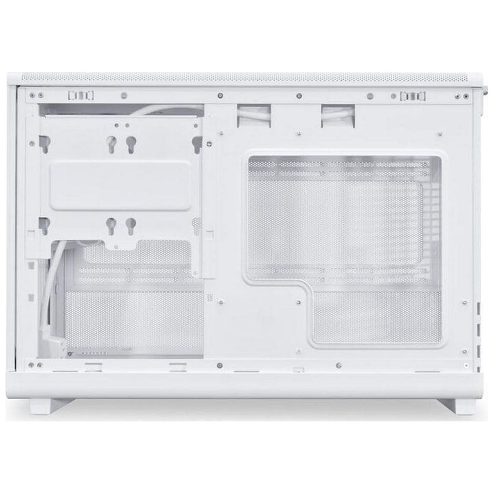 L'interno di un case per computer bianco che mostra fessure di ventilazione e punti di montaggio.
