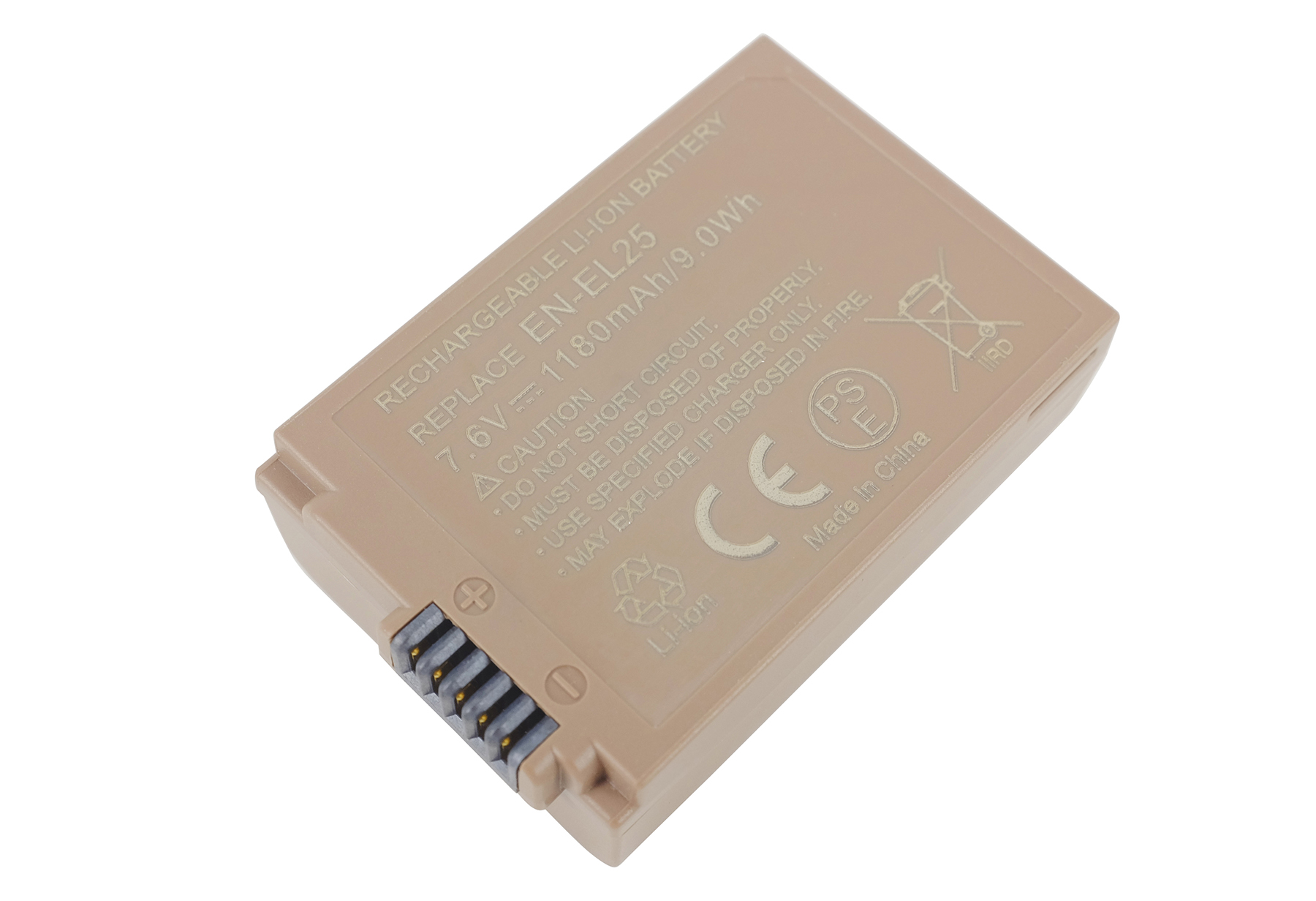 Eine beige wiederaufladbare Li-Ion EN-EL25 Batterie mit 7,6V, 1180mAh, 9,0Wh.