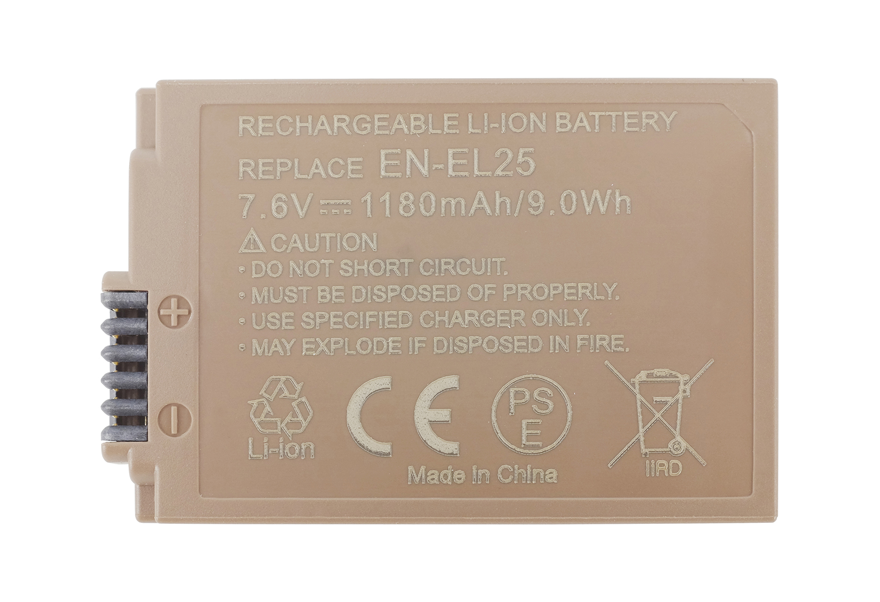 Brauner Akku EN-EL25, 7.6V, 1180mAh. Mit Warnhinweisen.