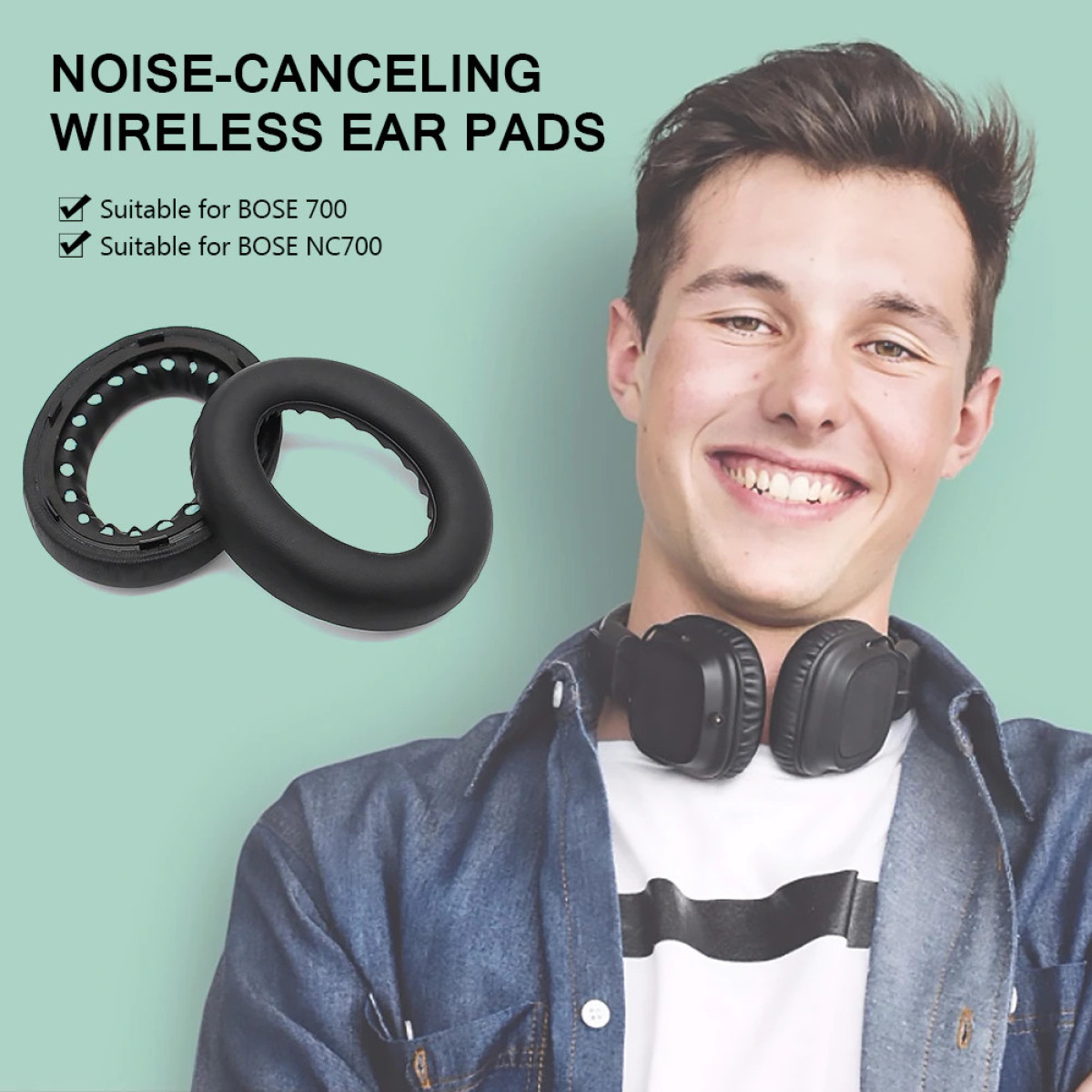 Mężczyzna w słuchawkach nosi niebieską koszulę. Nakładki na uszy na pierwszym planie.