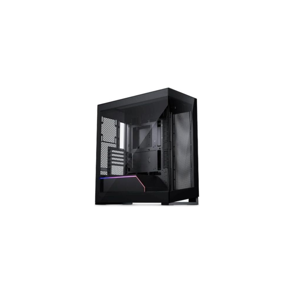 Boîtier PC noir avec façade en verre et éclairage RVB en bas.
