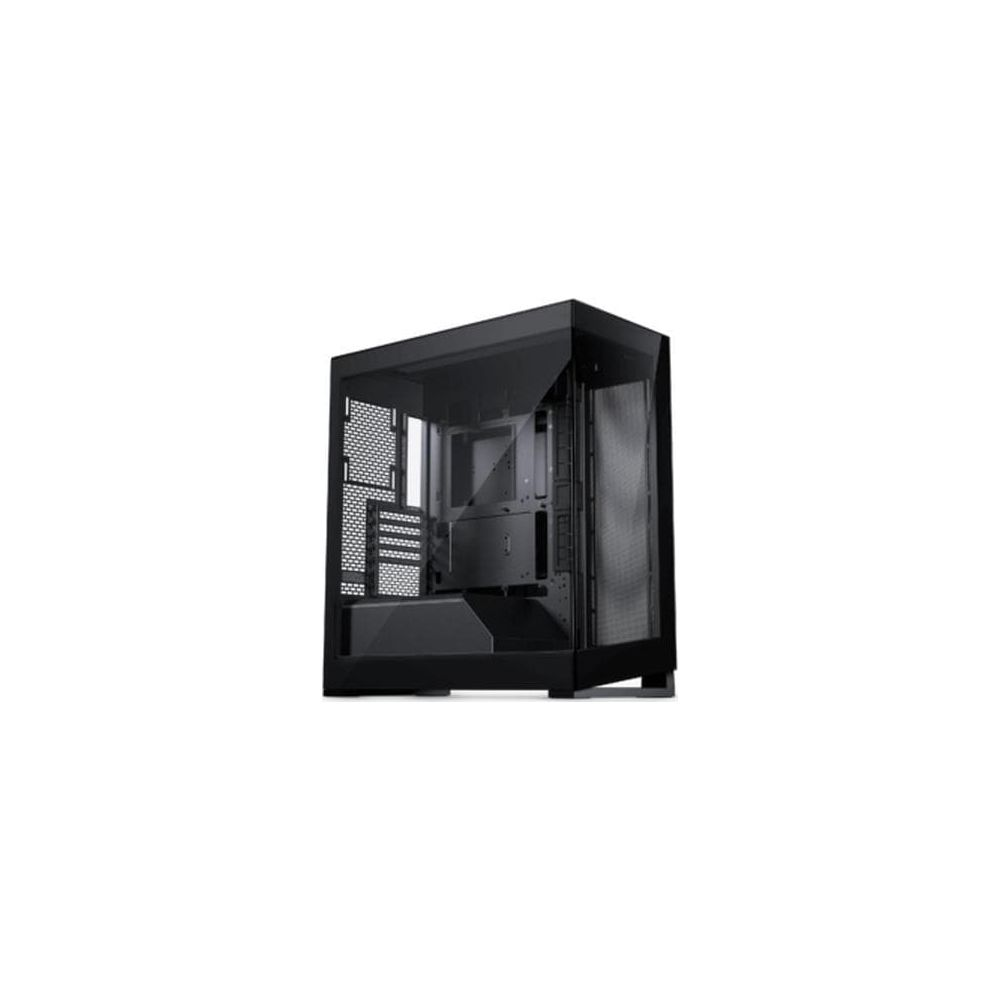 Un boîtier d'ordinateur noir avec des panneaux de verre et des accents en maille.