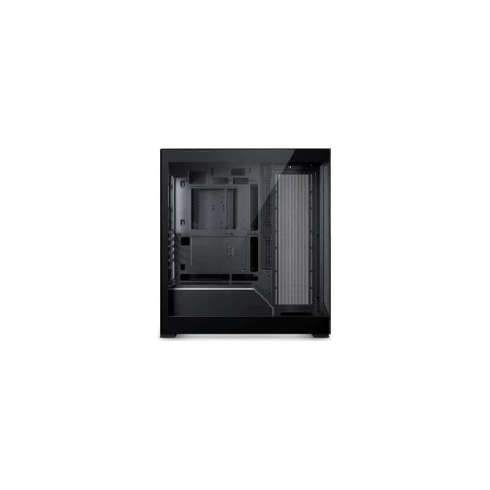 Boîtier d'ordinateur noir avec fenêtre en verre et structure interne.