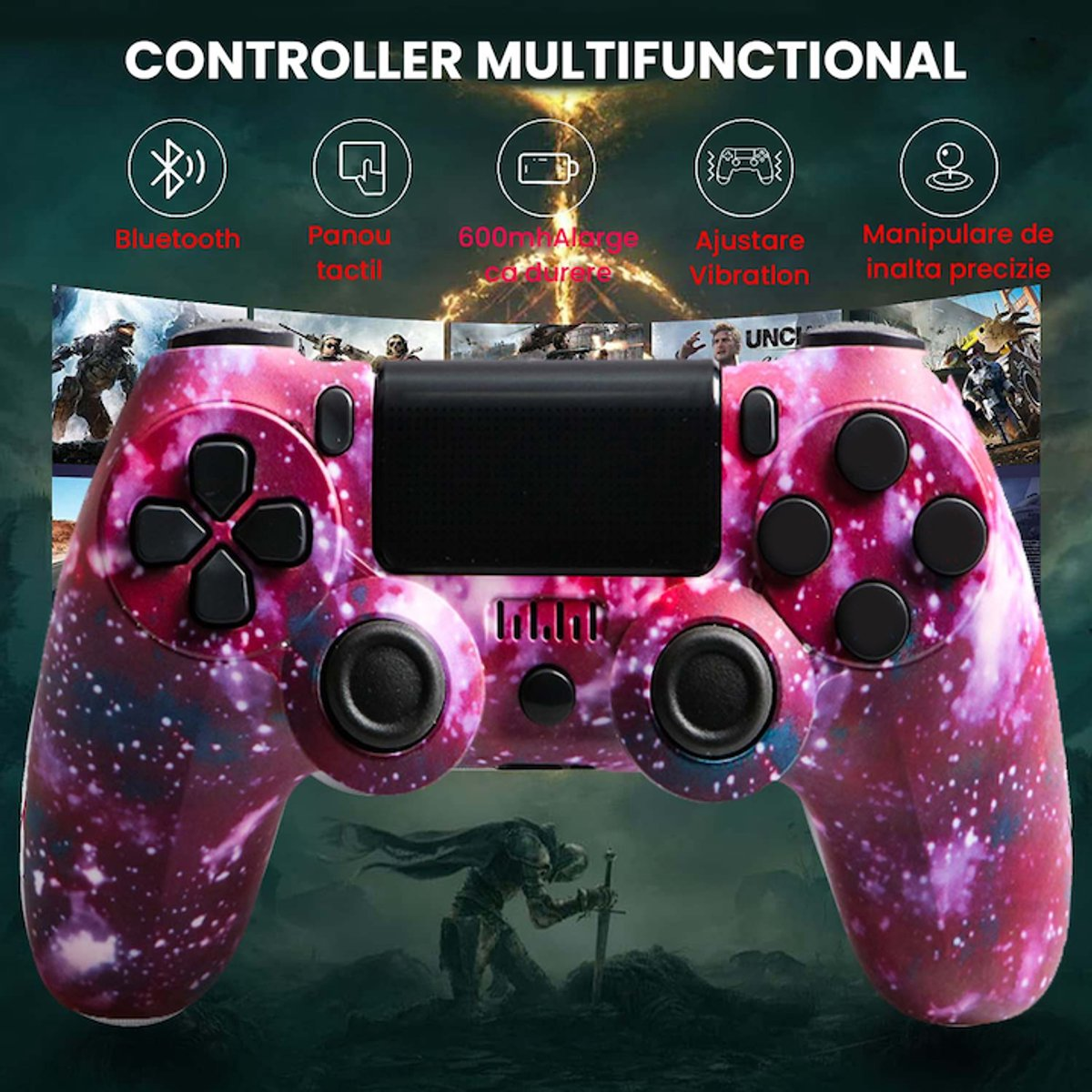 Ein pink-violetter Controller mit Galaxiemuster, umgeben von Spielszenen.
