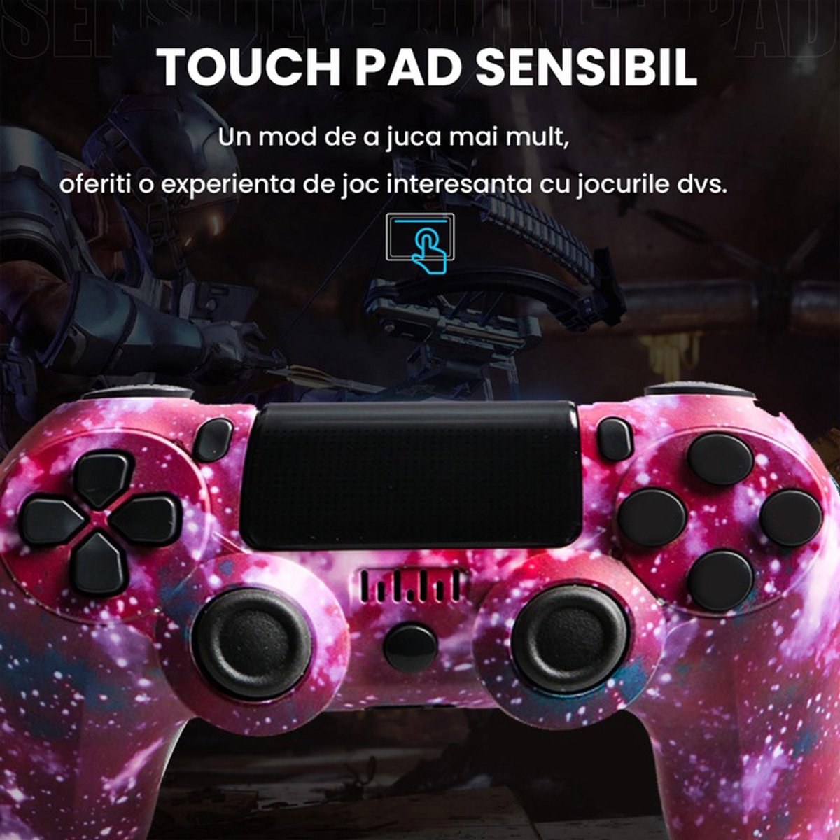 Ein pink-violetter Gamecontroller mit Sternenmuster. "TOUCH PAD SENSIBIL" steht geschrieben.