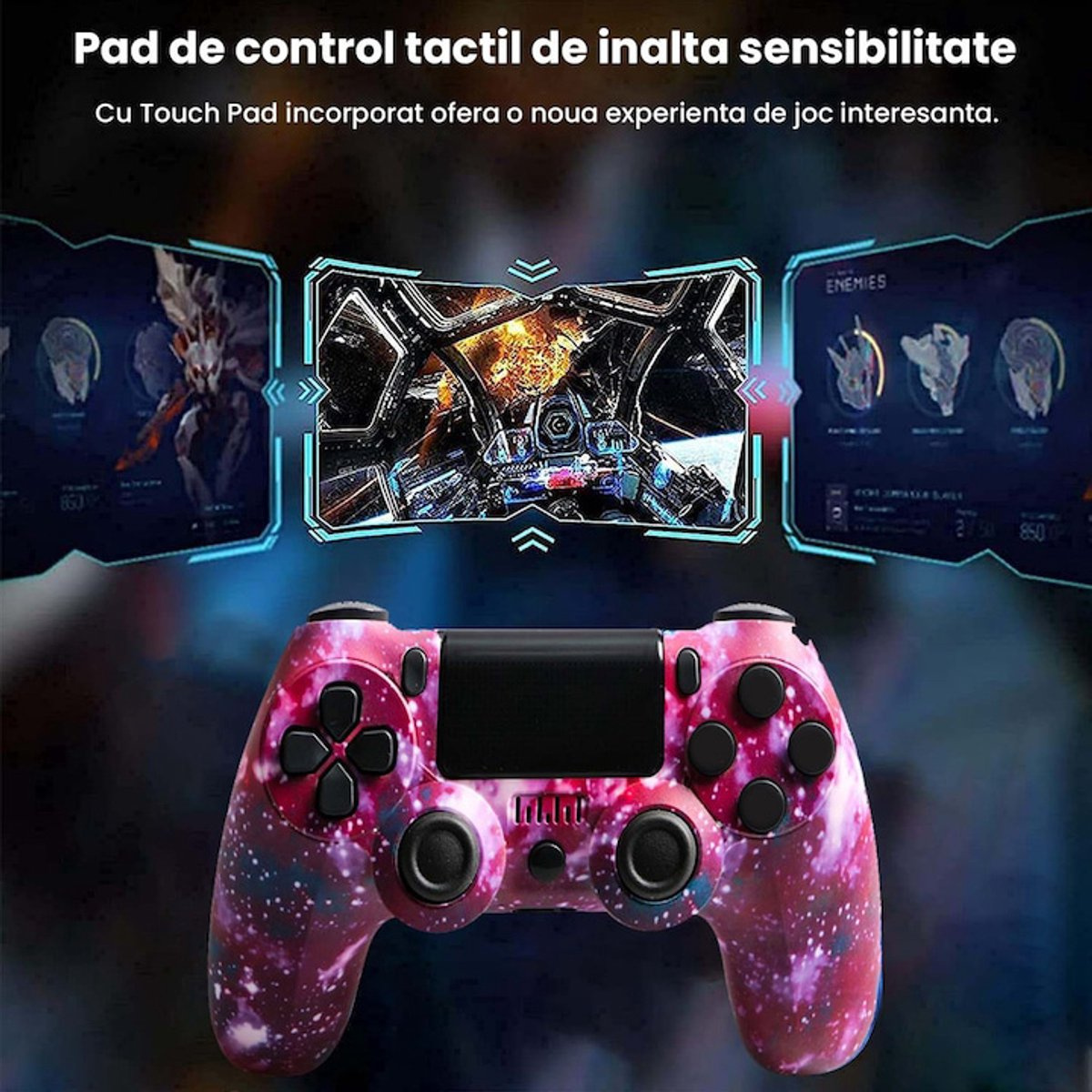 Ein pink-violetter Controller mit Galaxienmuster, vor drei Bildschirmen mit Spielgrafiken.
