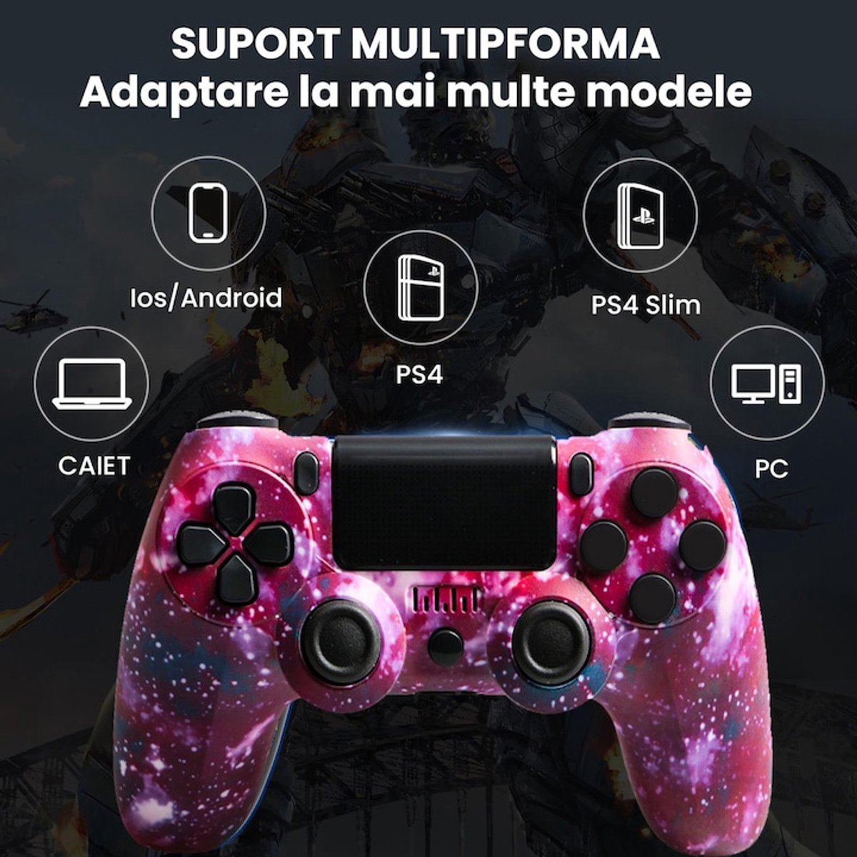 Ein pink-bunter Controller mit Sternenmuster, kompatibel mit vielen Geräten.