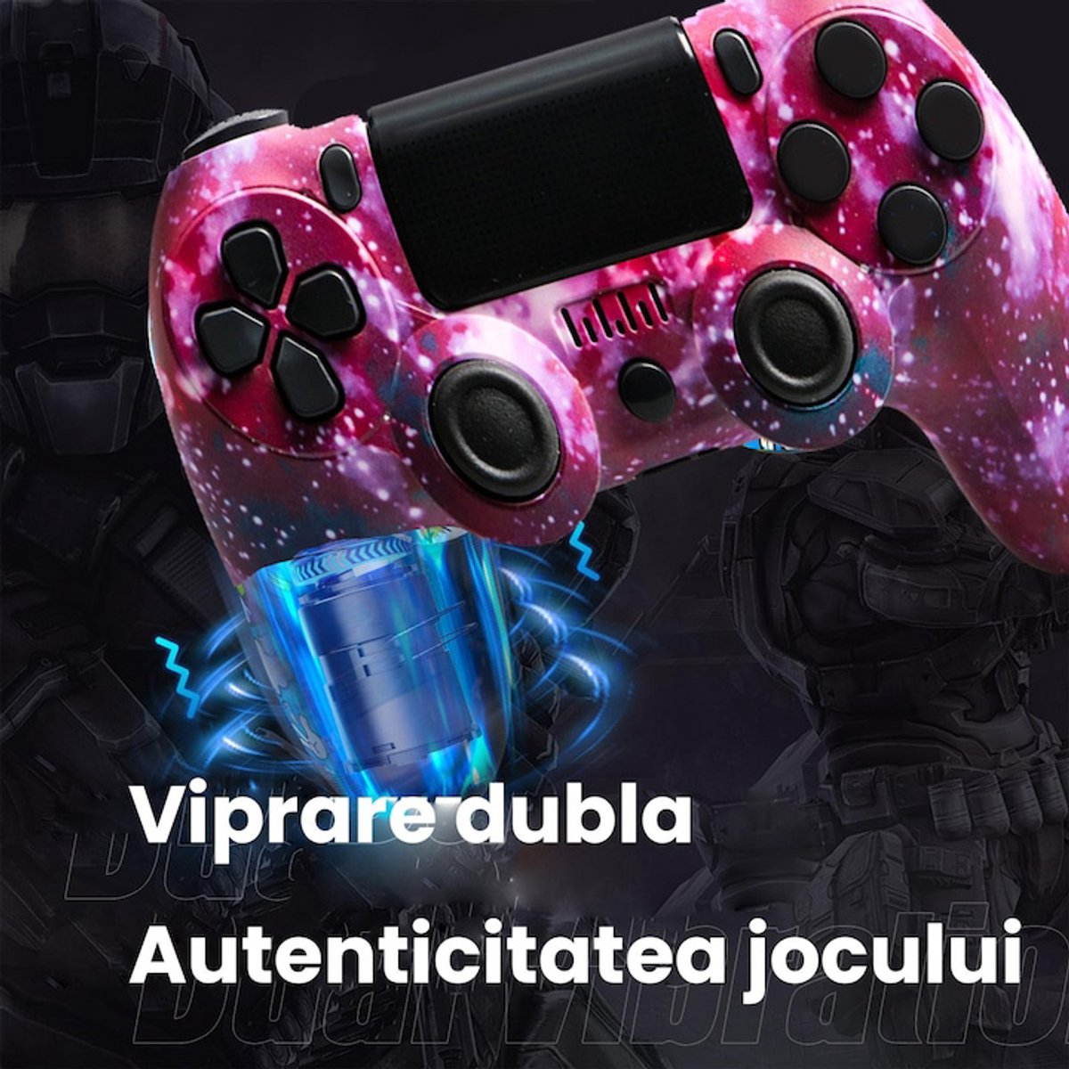 Ein pink-violetter Gamecontroller mit Galaxienmuster, der eine blaue Röhre beleuchtet.