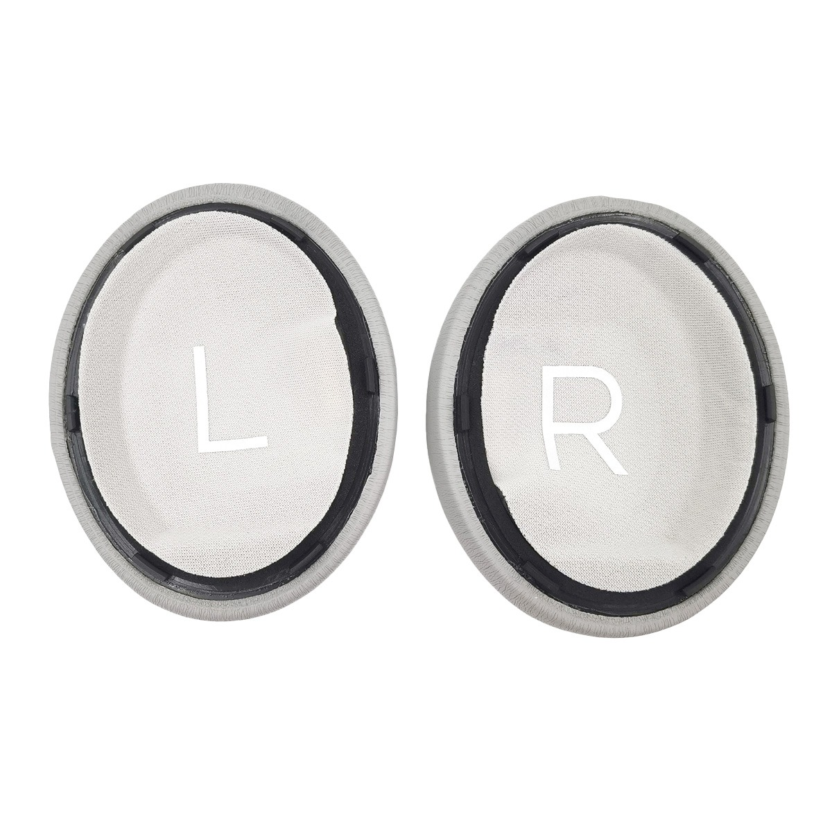 Dwie nauszniki do słuchawek, lewa (L) i prawa (R), z szarym wykończeniem.