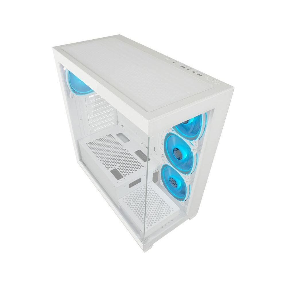 Ein weißes Computergehäuse mit drei blauen Lüftern an der Vorderseite und einem an der Seite.