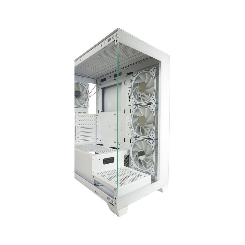 Ein weißes Computergehäuse mit Glastür und Lüftern.