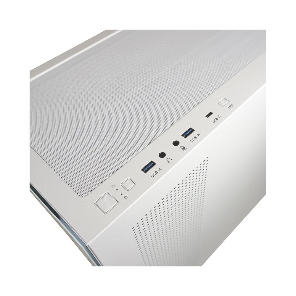 Weiße Computergehäuse-Oberseite mit USB-Anschlüssen, Audiobuchsen und Power-Taste.