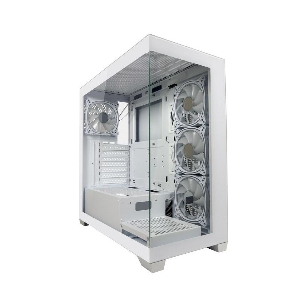 Ein weißes Computergehäuse mit Glasfenster und Lüftern.
