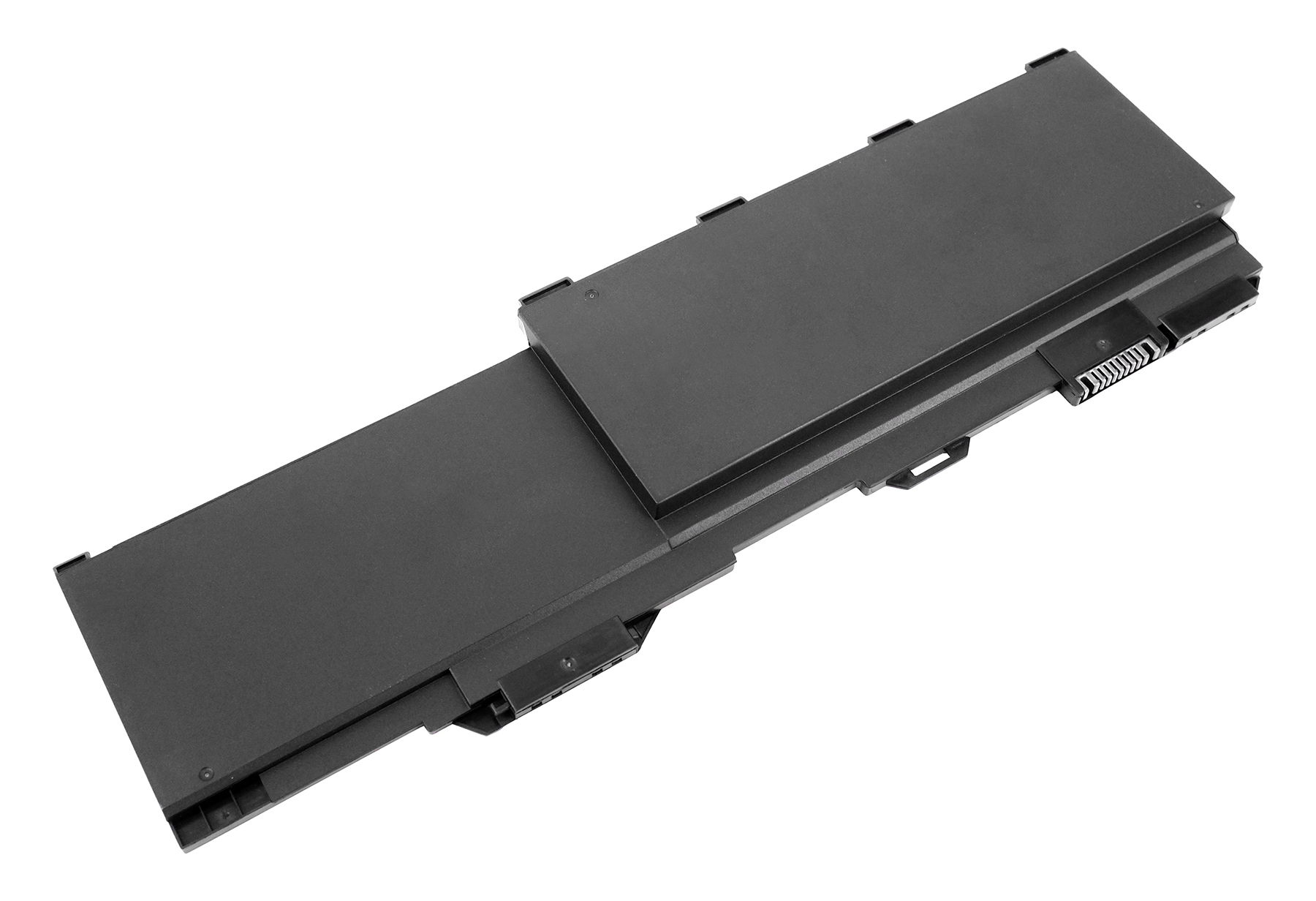 Ein schwarzer Laptop-Akku mit einem breiten Stecker auf der rechten Seite.