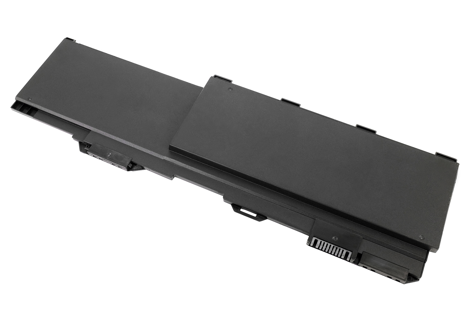 Zwei schwarze Laptop-Akkus liegen schräg auf weißem Hintergrund.