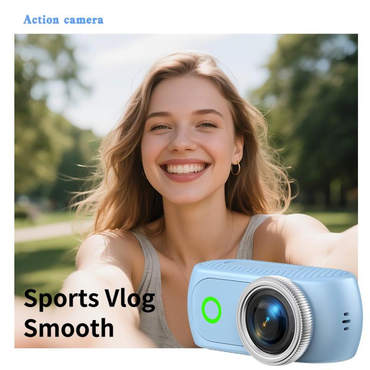 Eine Frau macht ein Selfie mit einer hellblauen Action-Kamera im Freien.