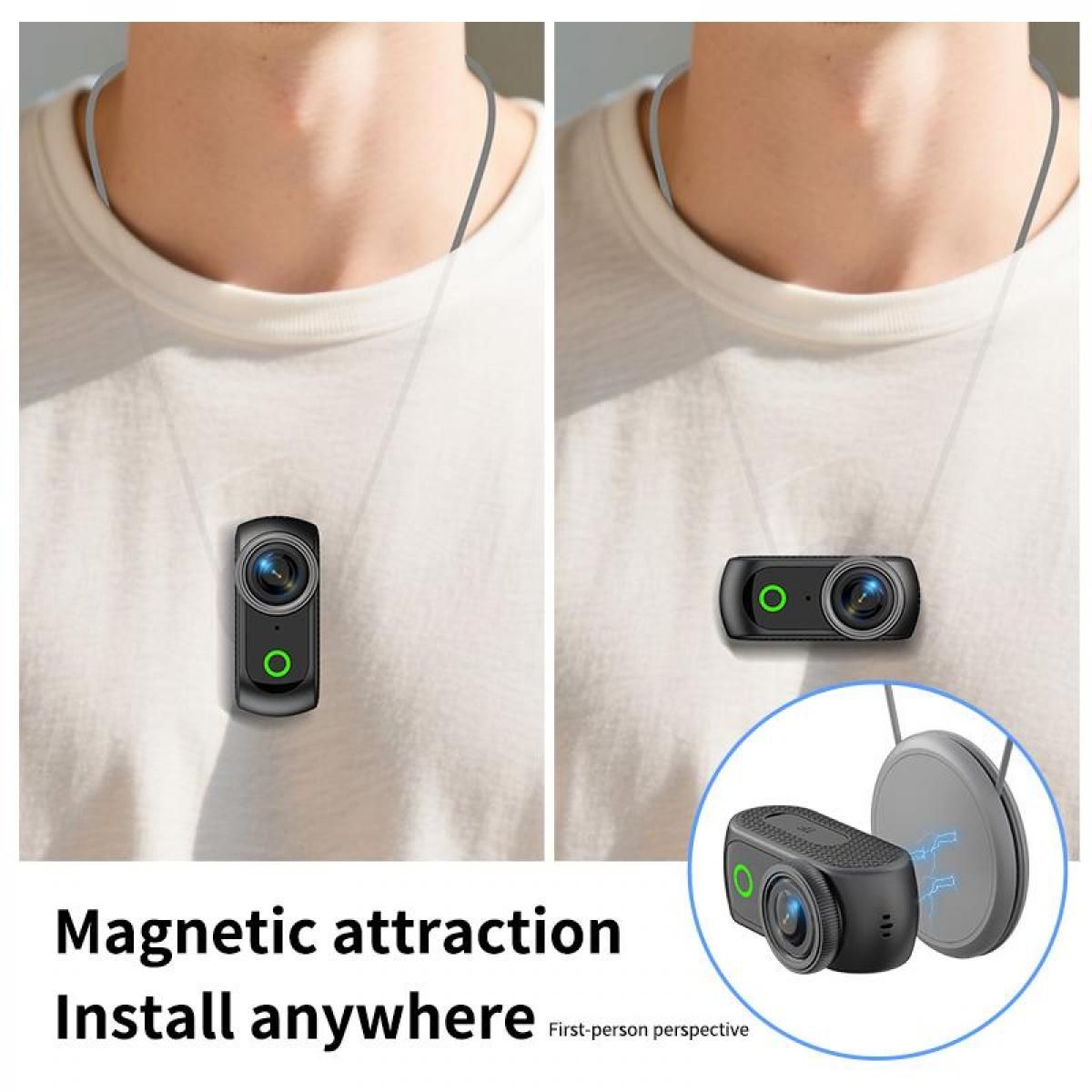 Kamera mit Magnetbefestigung am Hemd, eine andere Ansicht zeigt die Rückseite.