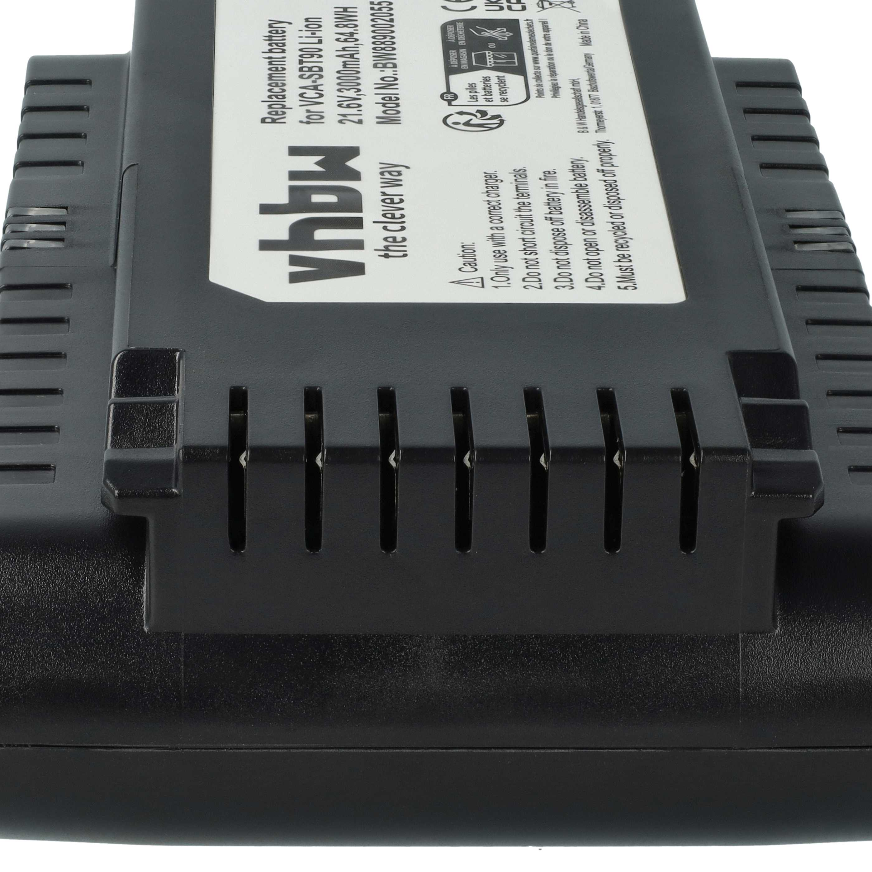 Schwarzer Akku mit weißem Aufkleber, Modell VCA-SBT90, 21.6V, 3000mAh.