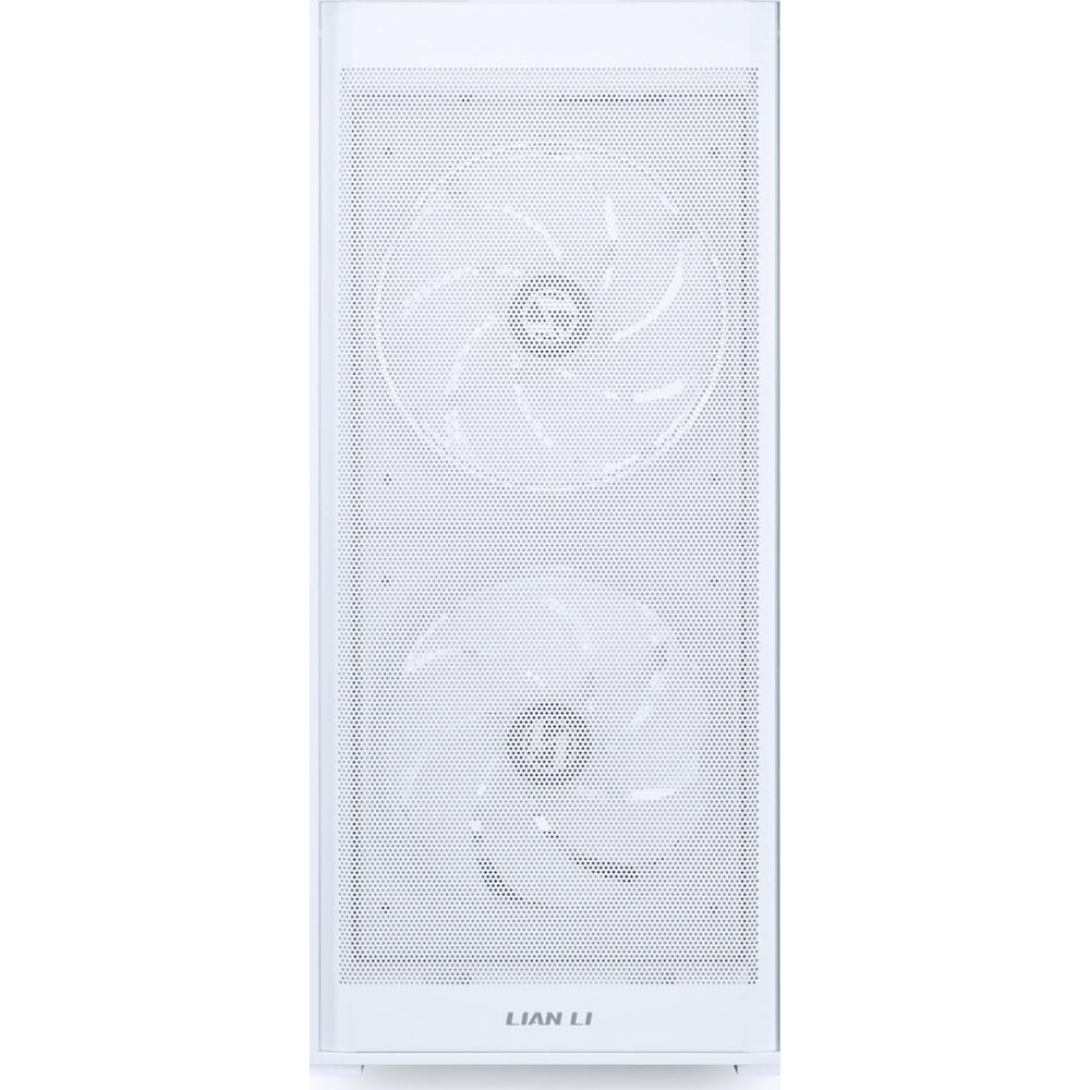Un case per computer bianco con due ventole e il logo Lian Li.
