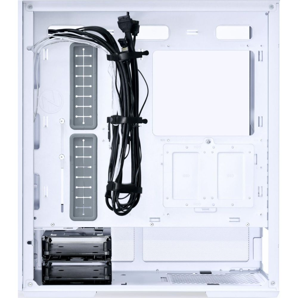Vista interna di un case per computer bianco con gestione cavi.