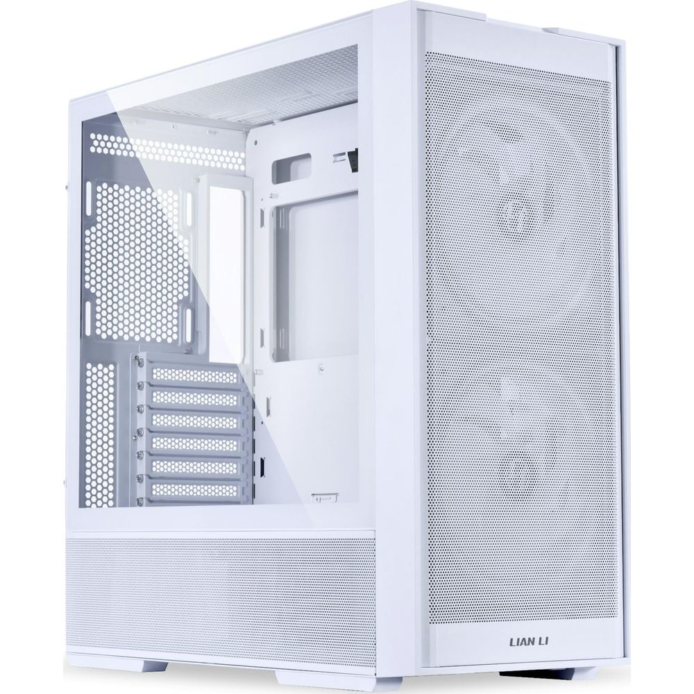 Un case PC bianco con pannello laterale in vetro e prese d'aria forate.